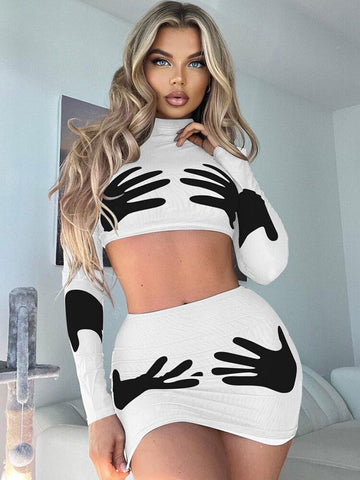 Yipinpay 3D Printed Palm Cropped Long-sleeved Top+Skirt 2 Piece Set Fall Outfits Women Street Fashion Casual Conjuntos De Vestidos